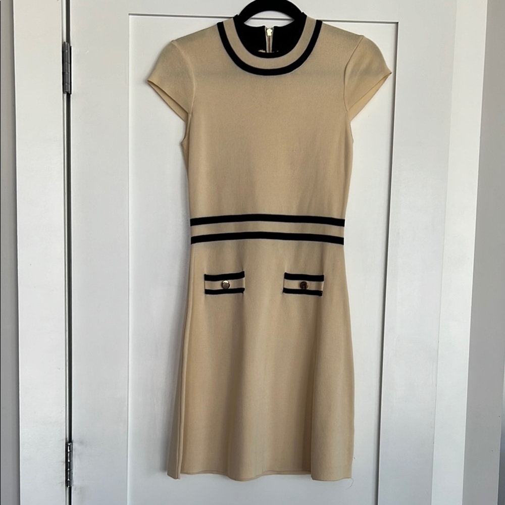 Tan Sheath Mini Dress with Cap Sleeves Crew Neck